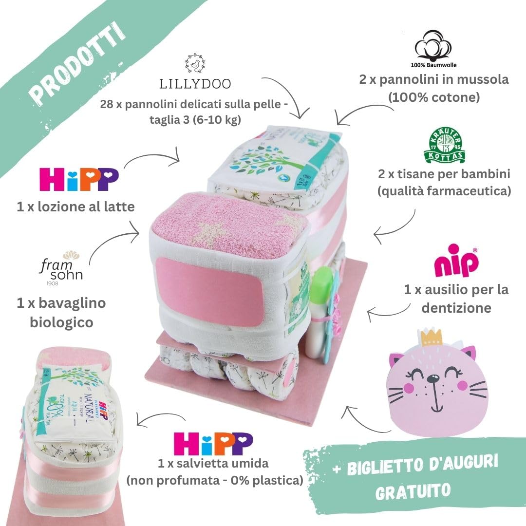 myBambini ® Torta di pannolini Camion – regali di nascita – regalo per il bambino – regalo di battesimo –Babyshower – acquistare ora torta (rosa/ragazza) Regalate ora il dono della gioia