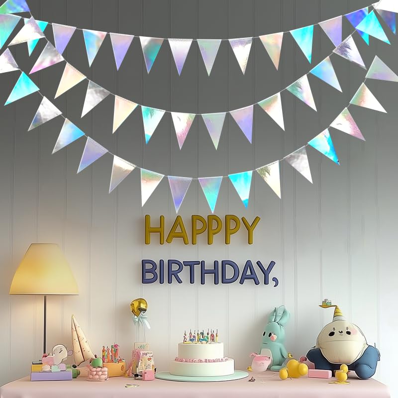 Image of Iridescent Hanging Triangle Flag Pennant Garland Iridescent Hanging Paper Pennant Streamer Paper Triangle Flag Bunting Banner for Graduation Wedding Engagement Birthday Party Decor 30 Feet