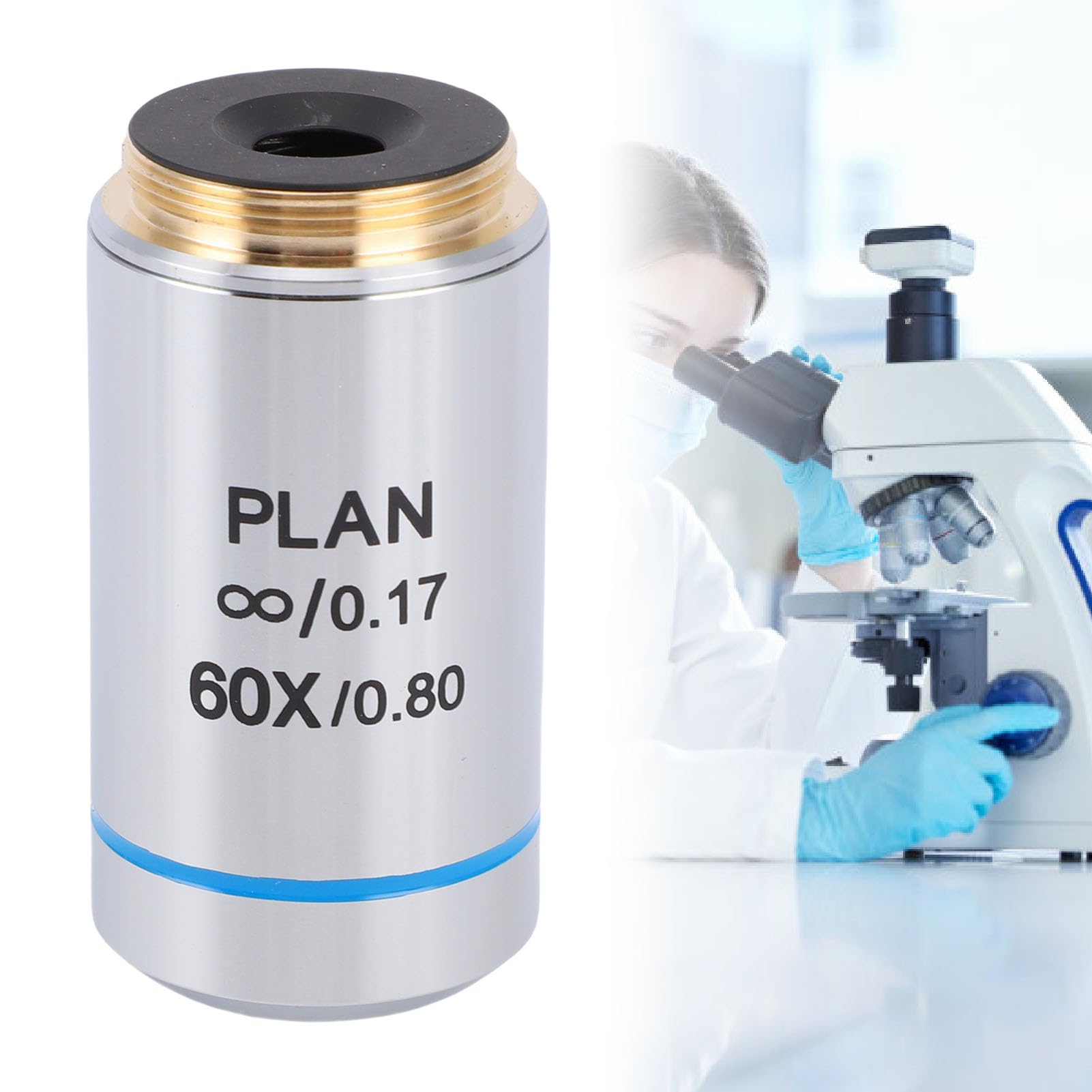 Bewinner Lente Objetivo de Microscopio 60X, Objetivo Acromático, Material de Vidrio óptico, Lente Objetivo Acromático Plan RMS de 20,2 Mm para Microscopios Biológicos