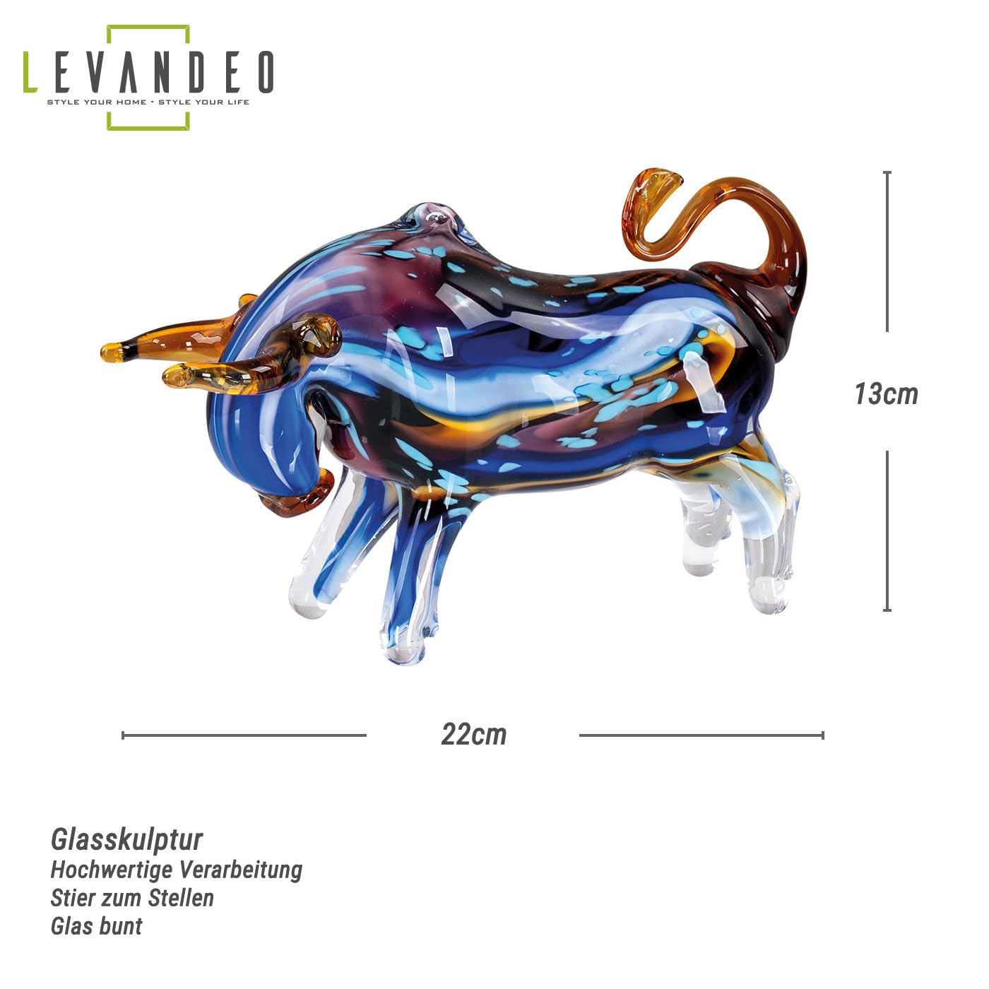 levandeo Glasfigur Stier 22x13cm Design Skulptur Bulle Handarbeit Stierfigur Glas Deko Unikat Tier Wohnaccessoire Geschenkidee Kunstobjekt