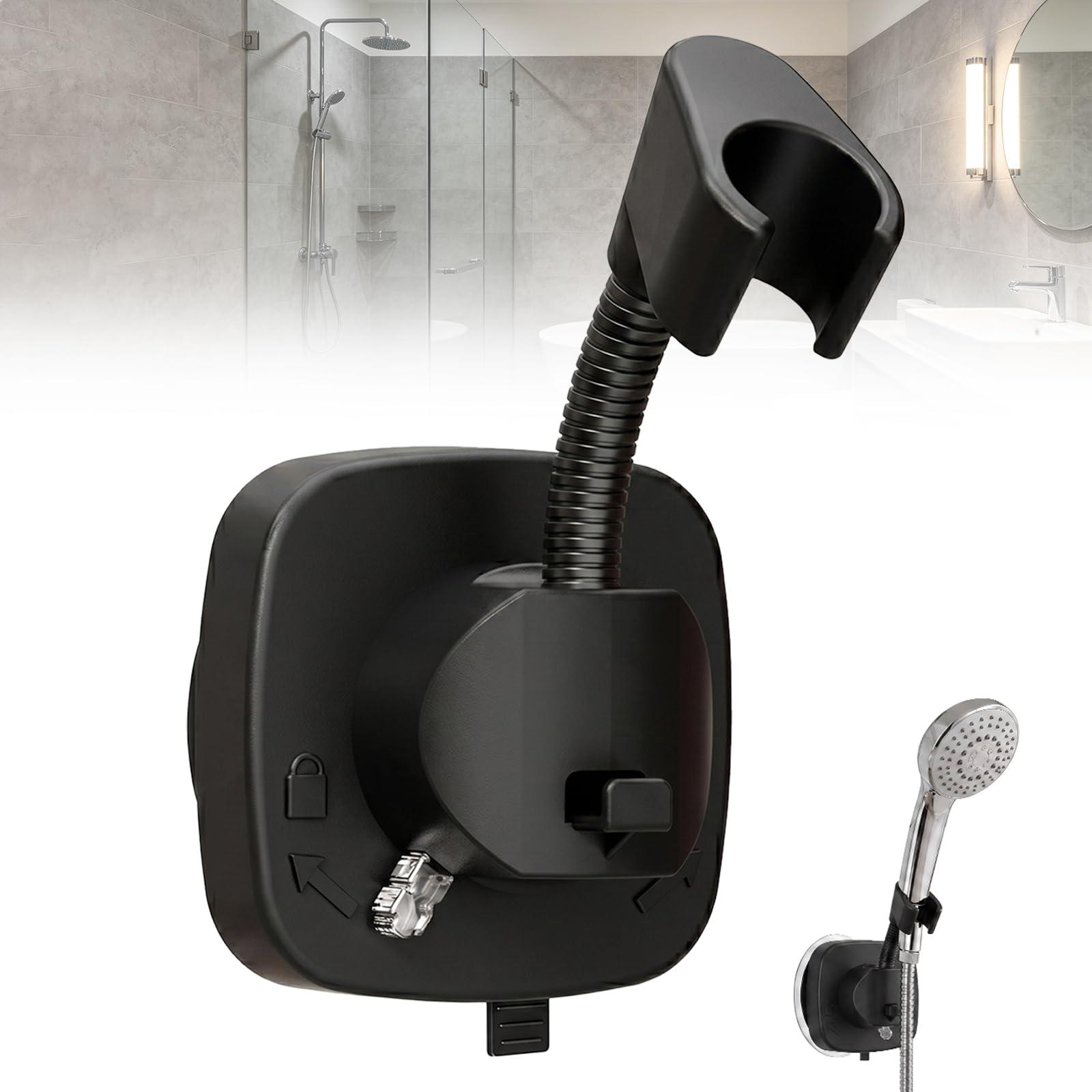 Suction Shower Head Holder, 360° Adjustable Rotation Bracket No Drill Removable Accessories Tool-Free Wall Mount for Handheld Showerheads Fits Bathroom RV (Black)