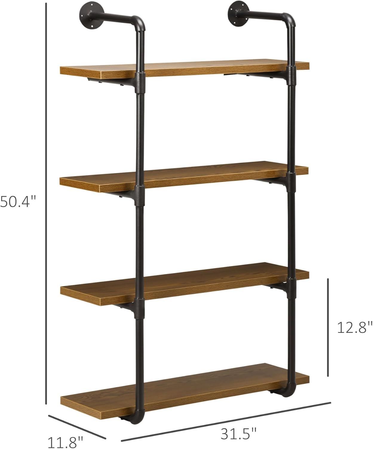 Rustic Brown 4-Tier Industrial Floating Wall Mounted Bookshelf