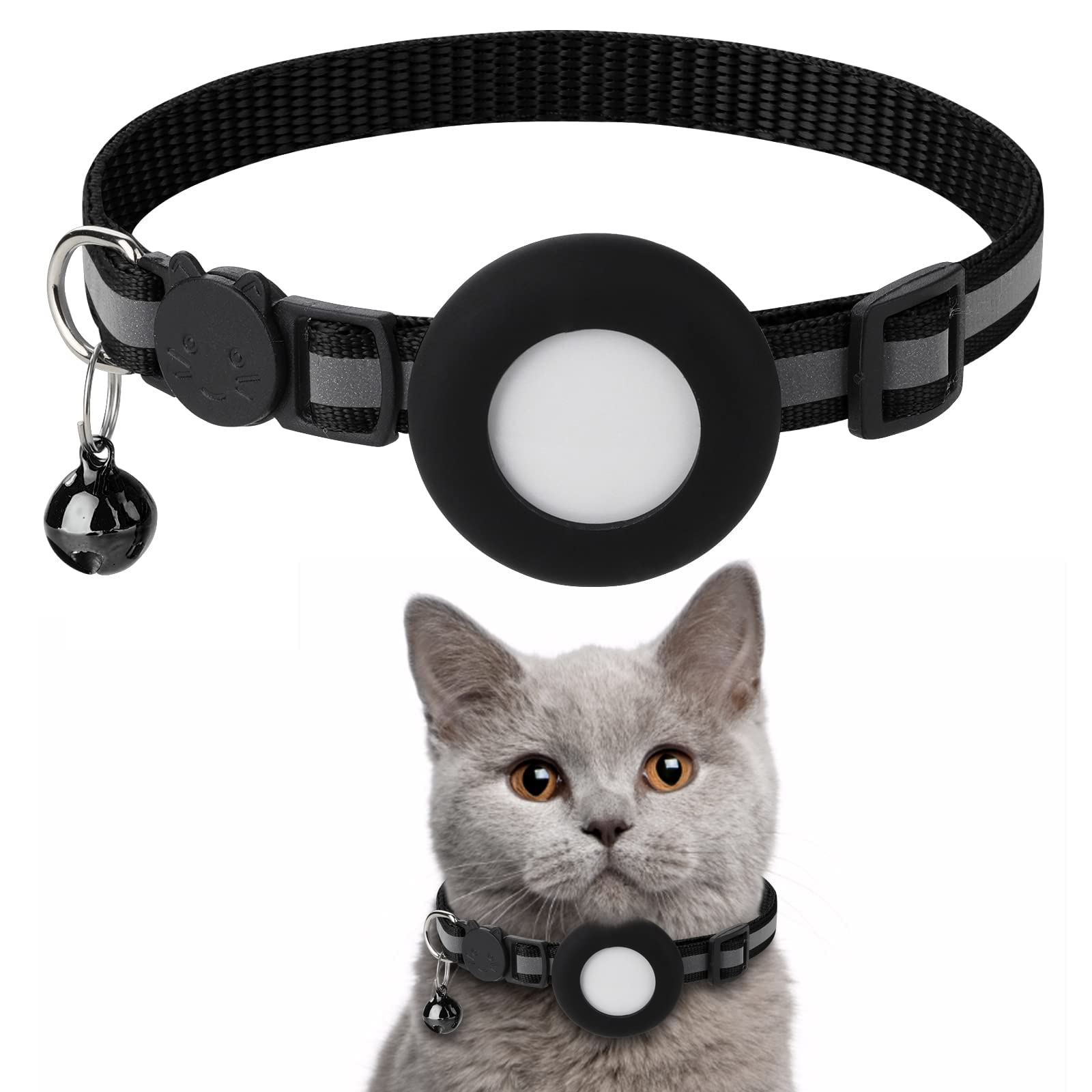 PROTON Airtag Cat Collar, Air tag Cat Collar with Bell and Safety Buckle in 3/8" Width, Reflective Collar with Waterproof Airtag Holder Compatible with Apple Airtag for Cat Dog Kitten Puppy