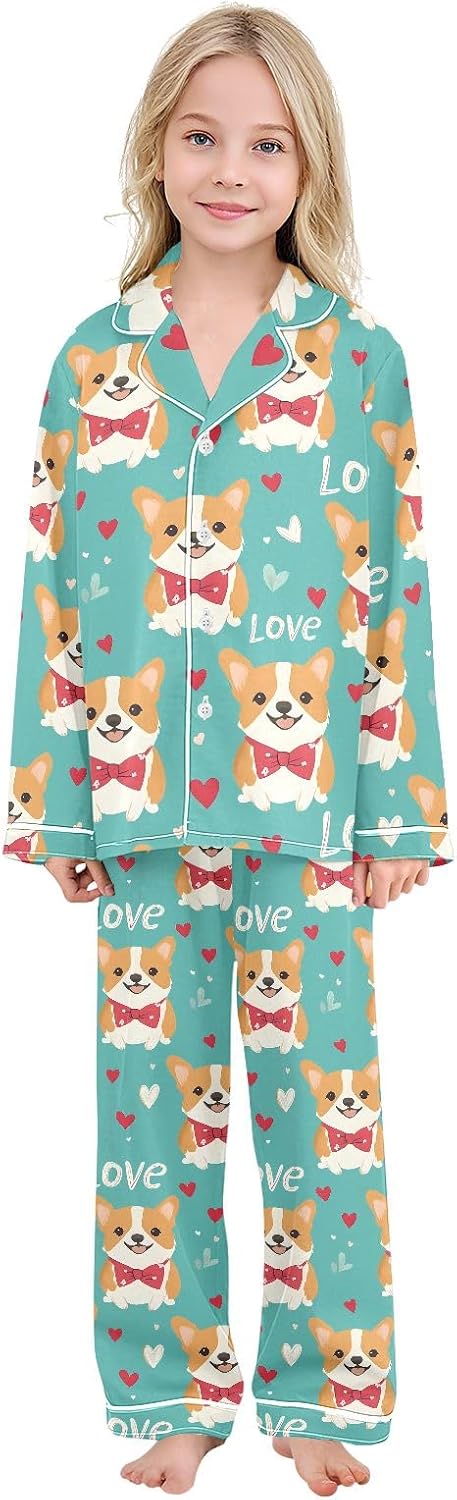 Kids Casual Satin Wear Set Love Corgi Pattern Unisex Relaxed Fit Clothing