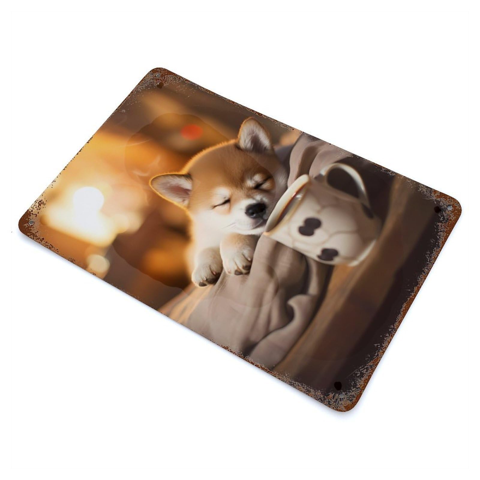 Rust Effect Shiba Inu Coffee Dog Pup Vintage Rust Metal Sign 11.8"x7.9", Classic Wall Plaque for Shed, Workshop And Garage Wall Decor