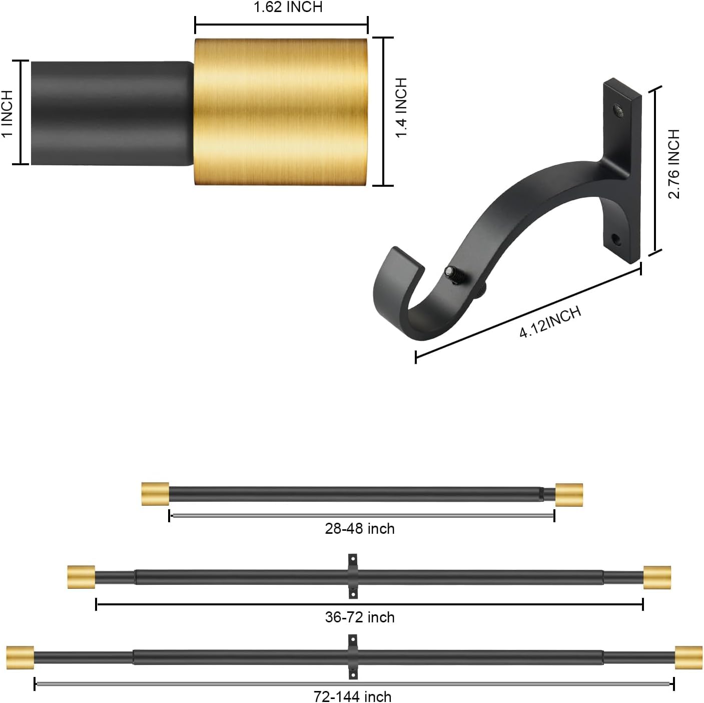 Gardinenstangen für Fenster, 71,1 bis 121,9 cm, moderne Fenstervorhangstange mit gebürsteten goldenen Endkappen, 2,5 cm Fensterbehandlungsvorhangstange für Wand- und Deckenmontage