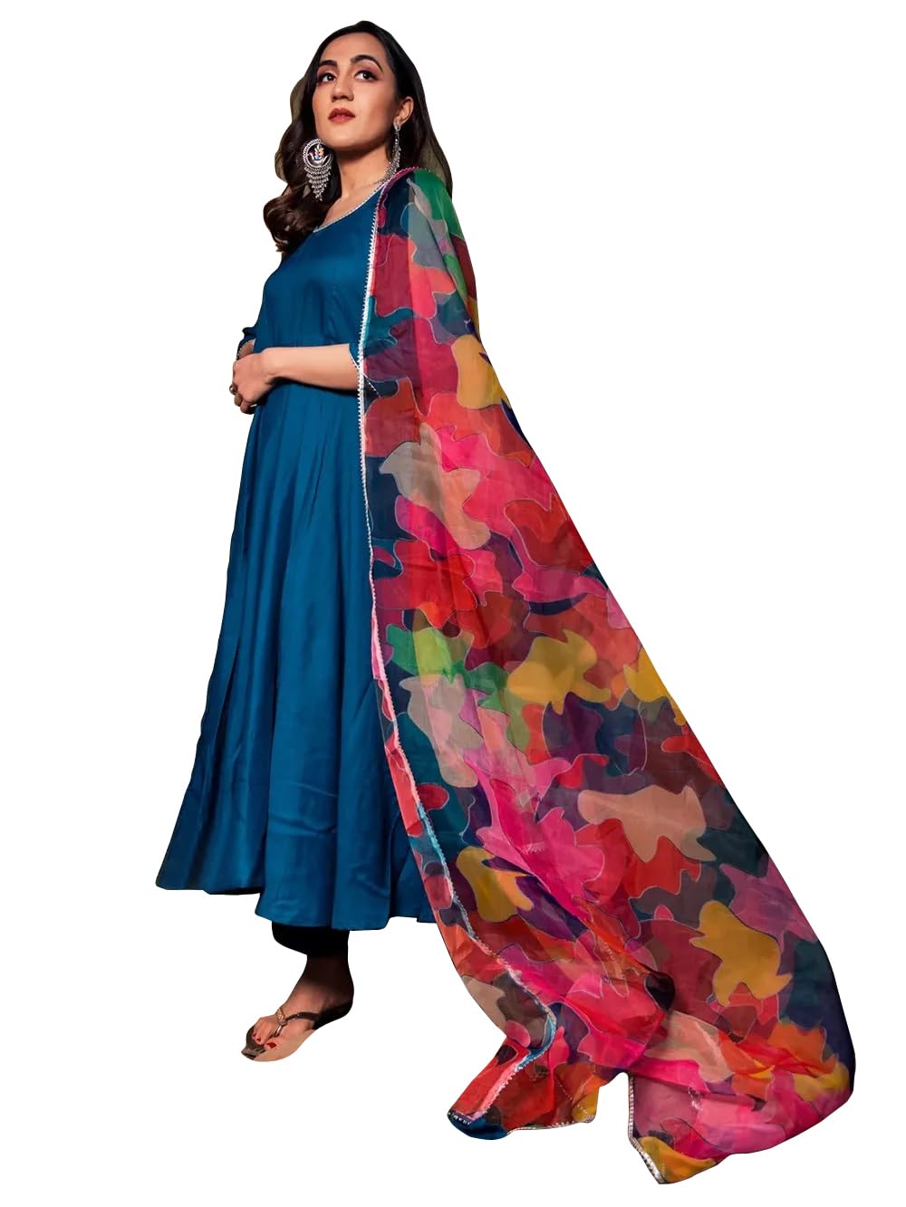 Sugathari Women's Blue Floral Print Tiered Midi Fit & Flare Dress With Digital Printed Dupatta (Dress2 112 Blue 3Xl)