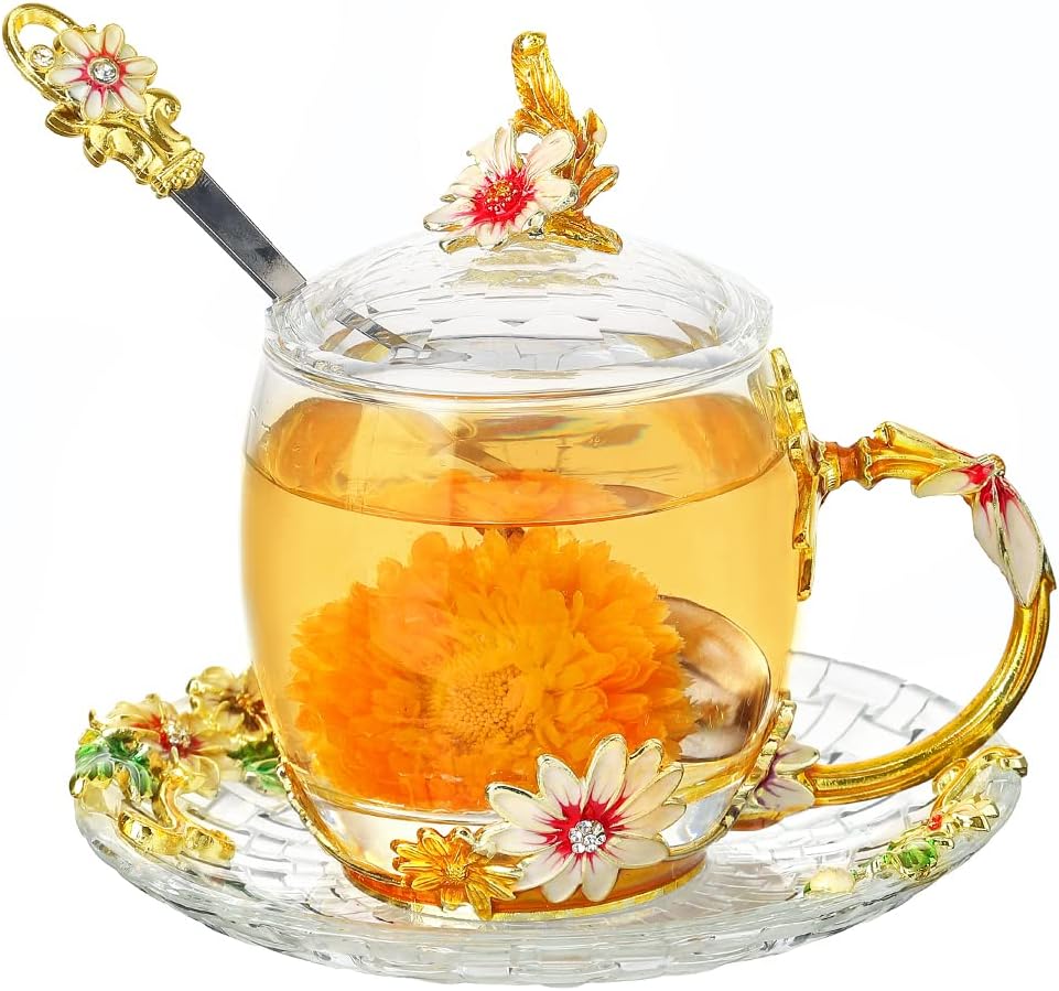Flower Tea Cups Christmas Birthday Gift for Women Mom Sister Friend Glass Coffee Mug Teacups with Saucer Lid Spoon Vintage Wedding Cup(11oz Daisy)