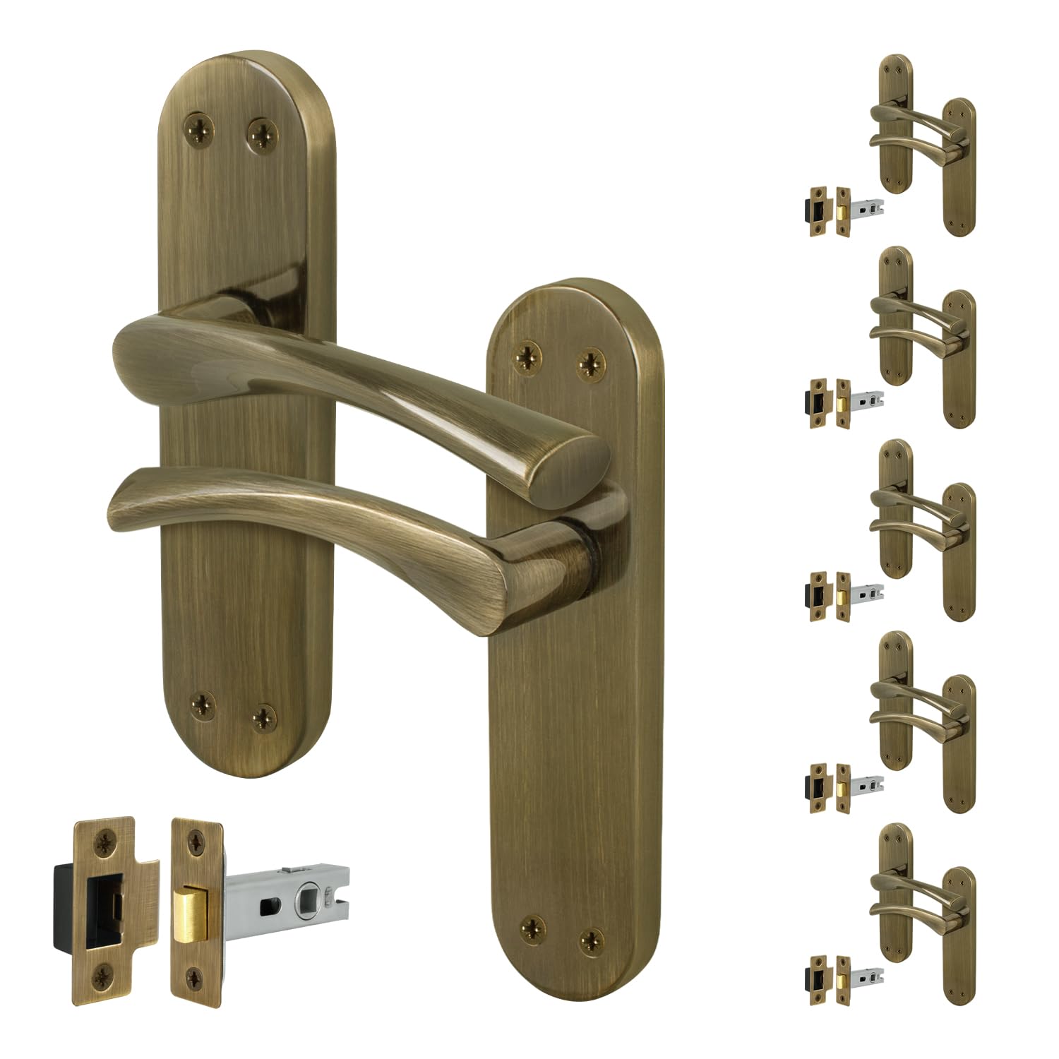 EAI Brass Door Handle Latch Set, 6 Pairs of Antique Brass Internal Lever T-Bar Handles Backplate Latches (64mm) - Novoli