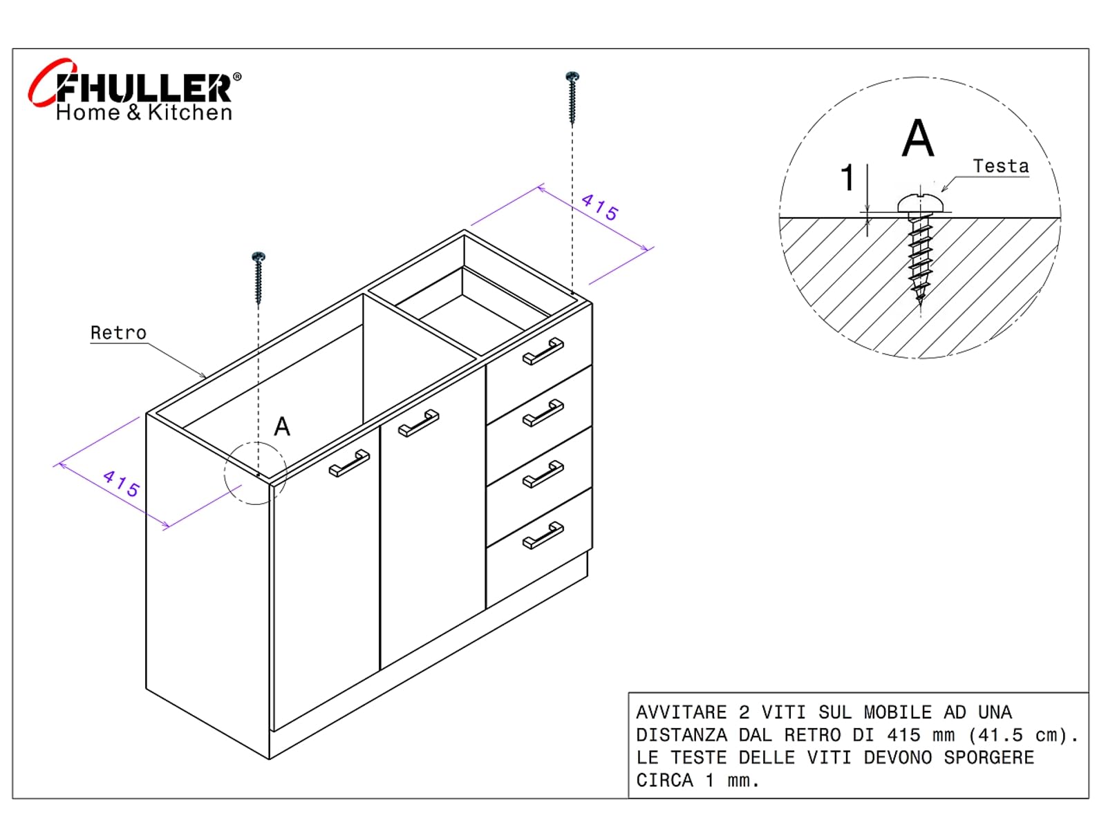Lavello FHULLER Monostampo Da Appoggio 120X50 In Acciaio Inox AISI 304 Con Due Vasche a DESTRA e Gocciolatoio a SINISTRA Per Sottolavello da 120 Cucina Componibile Modello Pisa PI1202MLPC
