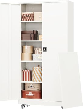 RAVIGIN Metal Garage Storage Cabinet with Wheels, 75" H Locking Tool Cabinet with 2 Doors and 4 Adjustable Shelves, Tall Steel Storage for Garage, Heavy Duty File Cabinet for Office, School White