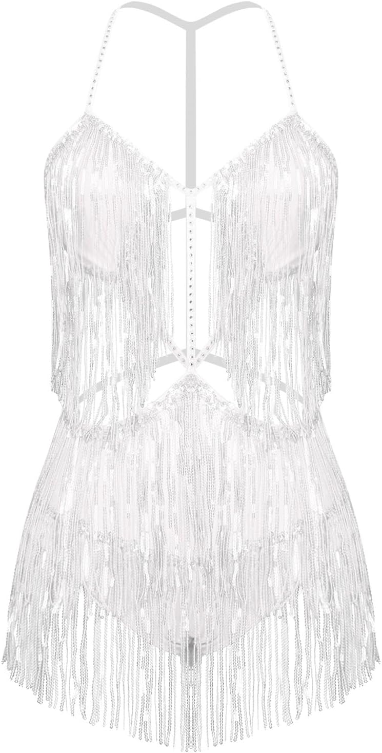 Lejafay Women's Belly Latin Dance Costume Spaghetti Straps Glitter Sequin Fringe Bodysuit Dancewear