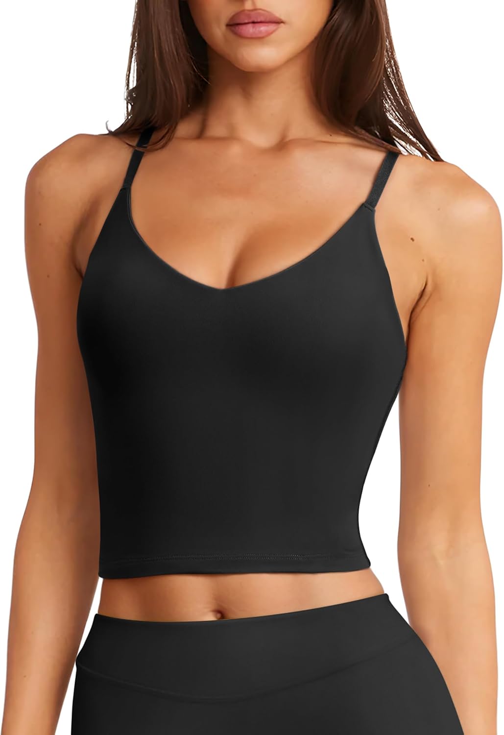 laslulu womens adjustable spaghetti strap sports bra v neck wireless padded yoga bra camisole workout crop tops black small