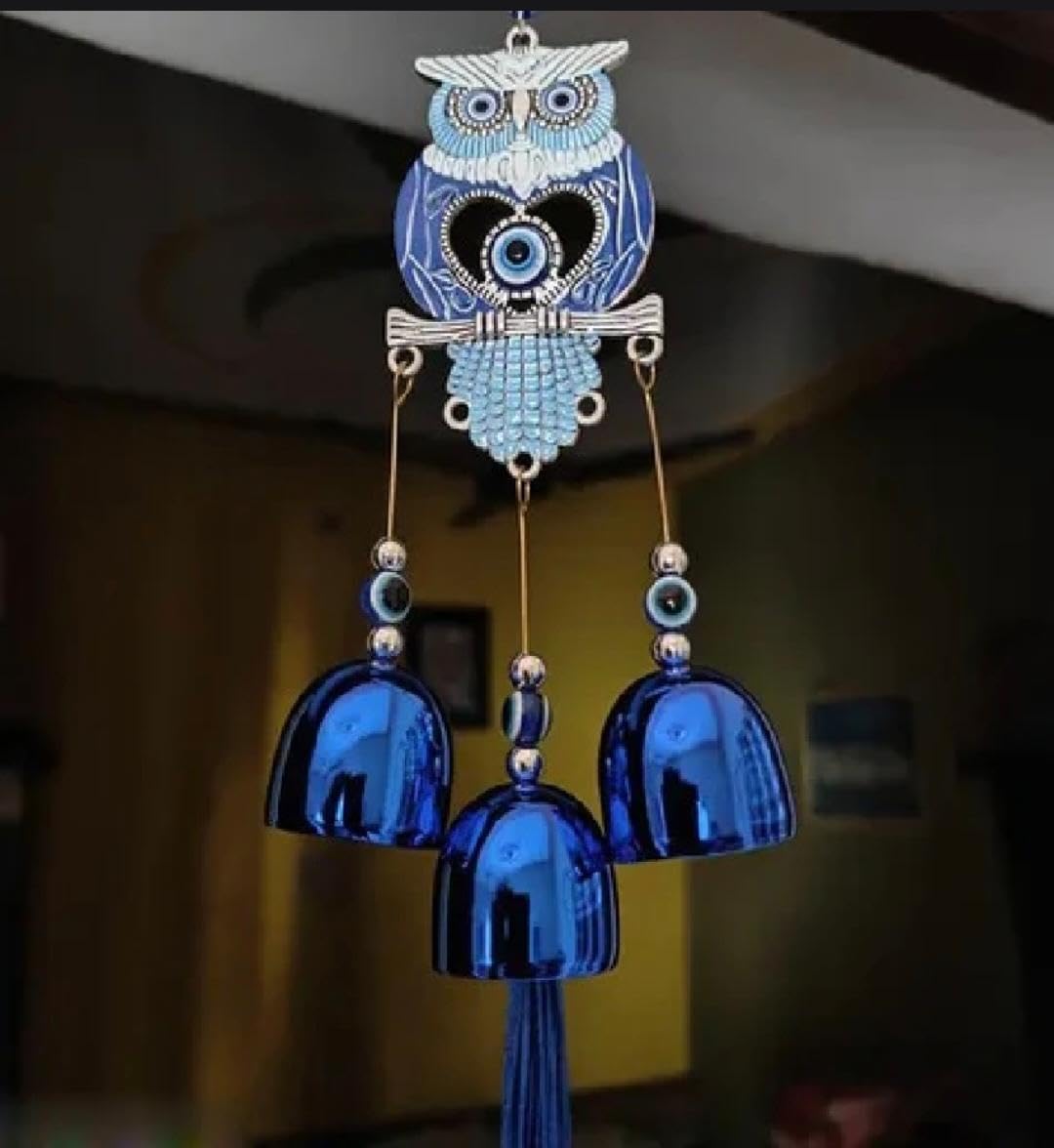 Evil Eye Owl Wind Chime with 3 Blue Bells and Tassel | Hanging Wall Decor, Evil Eye Protection, Metal Bells, Blue Beaded Design, Indoor Outdoor Use-image-48