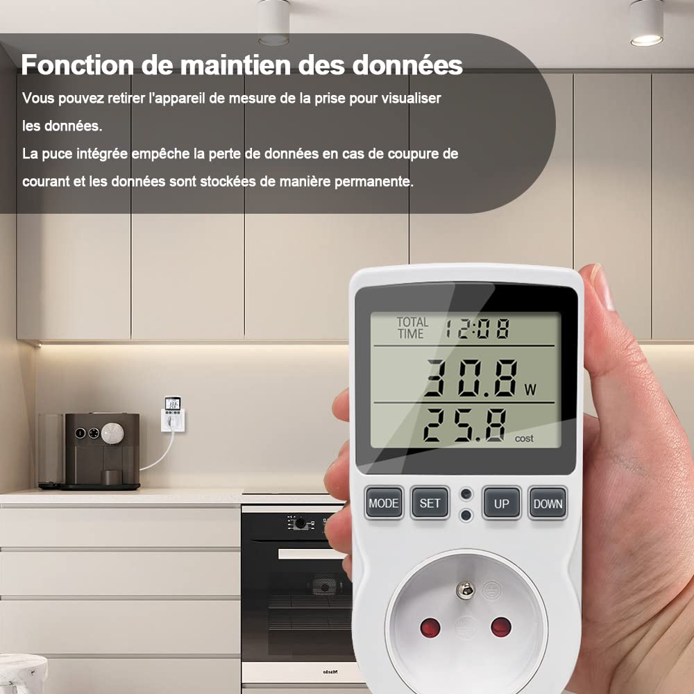 KETOTEK Wattmètre Prise Compteur d'Énergie, Consommation d'Énergie avec 11 modes, Écran LCD Rétroéclairé, Compteur d'Énergie Électrique pour Économie d'Energie, Surcharges de Protection, 3680W