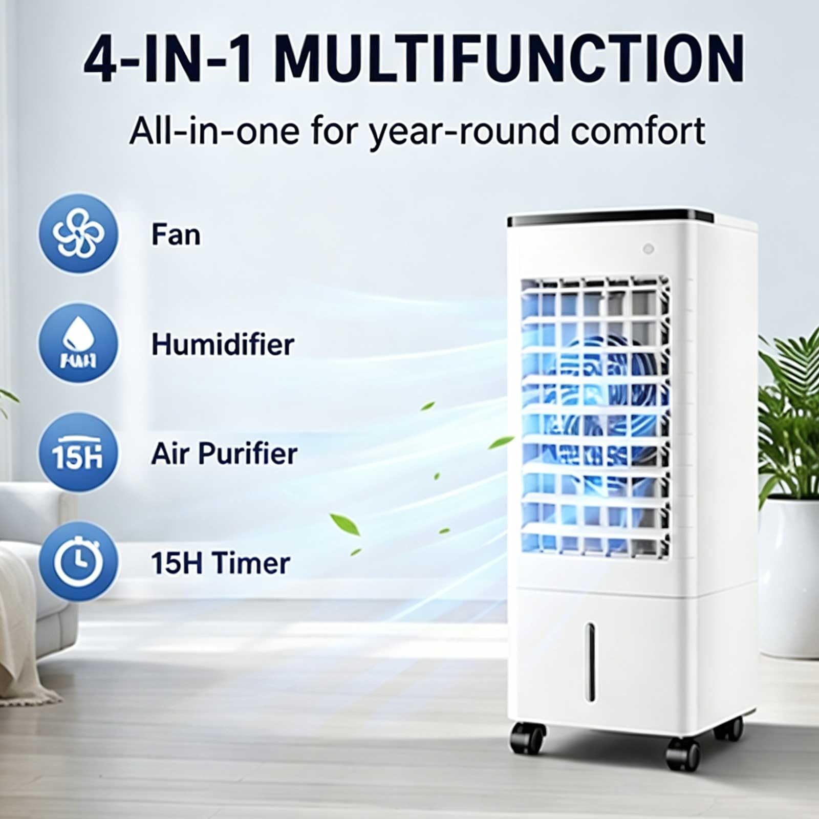Aire Acondicionado Portátil 4 in 1, Raffreddatore d'Aria con Telecomando, Serbatoio dell'Acqua da 10 Litri, Oscillazione a 90°, Timer da 15 Ore e 3 Velocità per Interni