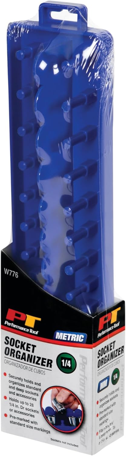 Performance Tool W776 Metric Socket Organizer with Pre-Marked Size Labels - Holds 28 Standard and Deep Wall 1/4-Inch Drive Sockets and Accessories