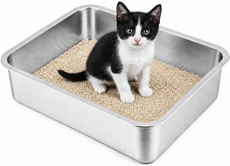 Caixa de Areia para Gatos Pequenos em Aço Inoxidável Volope, Entrada Baixa, 39,88 x 29,97 x 10,16 cm