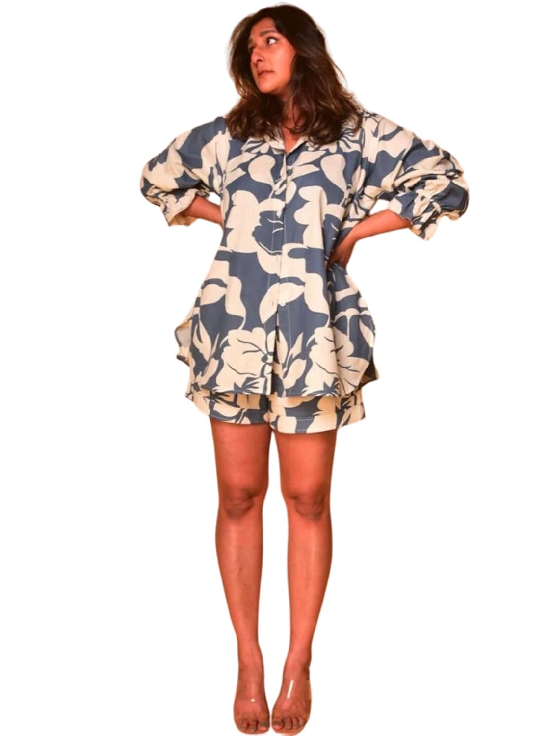 Leriya Fashion Formal Floral Printed Rayon Western Co-ord Set for Women(Available in 2XL and 3XL) Pack of 1 (LF-W2012&SH258_Blue_S)