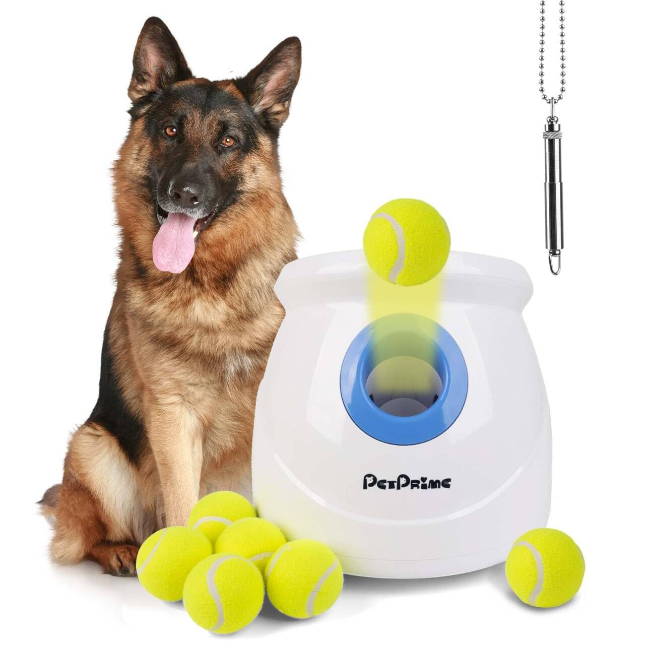 Pet Prime Lanzador automático de pelotas para perros para razas grandes, juguete interactivo recargable con 10-40 pies, máquina de búsqueda con 6 pelotas de tenis duraderas de 2.5 pulgadas y silbato