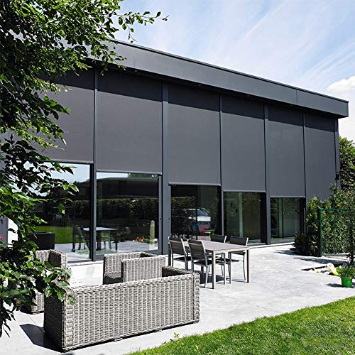 ZSHINE Hard-Wired Outdoor Snow Blocking Weatherproof Motorized Patio Roller Shades Remote Control for Porch Balcony Customized Size (Grey 1% Openness)