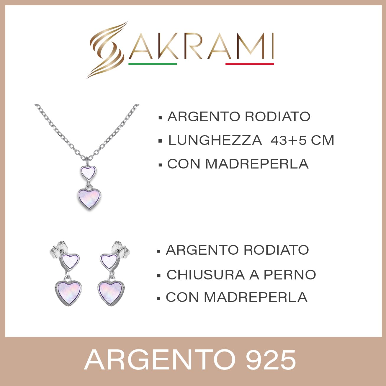 Sakrami Parure di gioielli in Argento 925 da Donna, Collana e Orecchini con cuori in Madreperla, per Donna e Ragazza Amica Mamma, per Compleanno Anniversario Comunione Cresima San Valentino