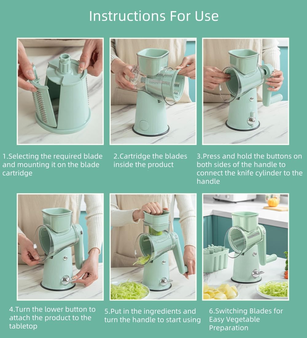 Rallador de Verduras Rotativo Rallador de Queso Manual con 10 Cuchillas Intercambiables con Caja para Guardar Las Cuchillas Cortadora de Verduras Ideal para Queso, Pepino, Zanahoria, Nueces（verde）