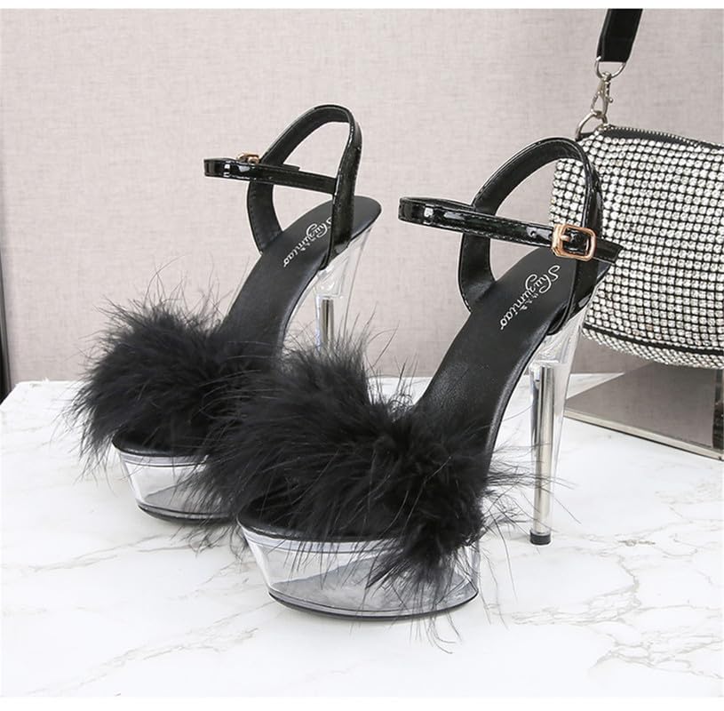 MissHeel Ankle Strap Clear Platform Furry Sandals Stiletto Heel: 9 Black