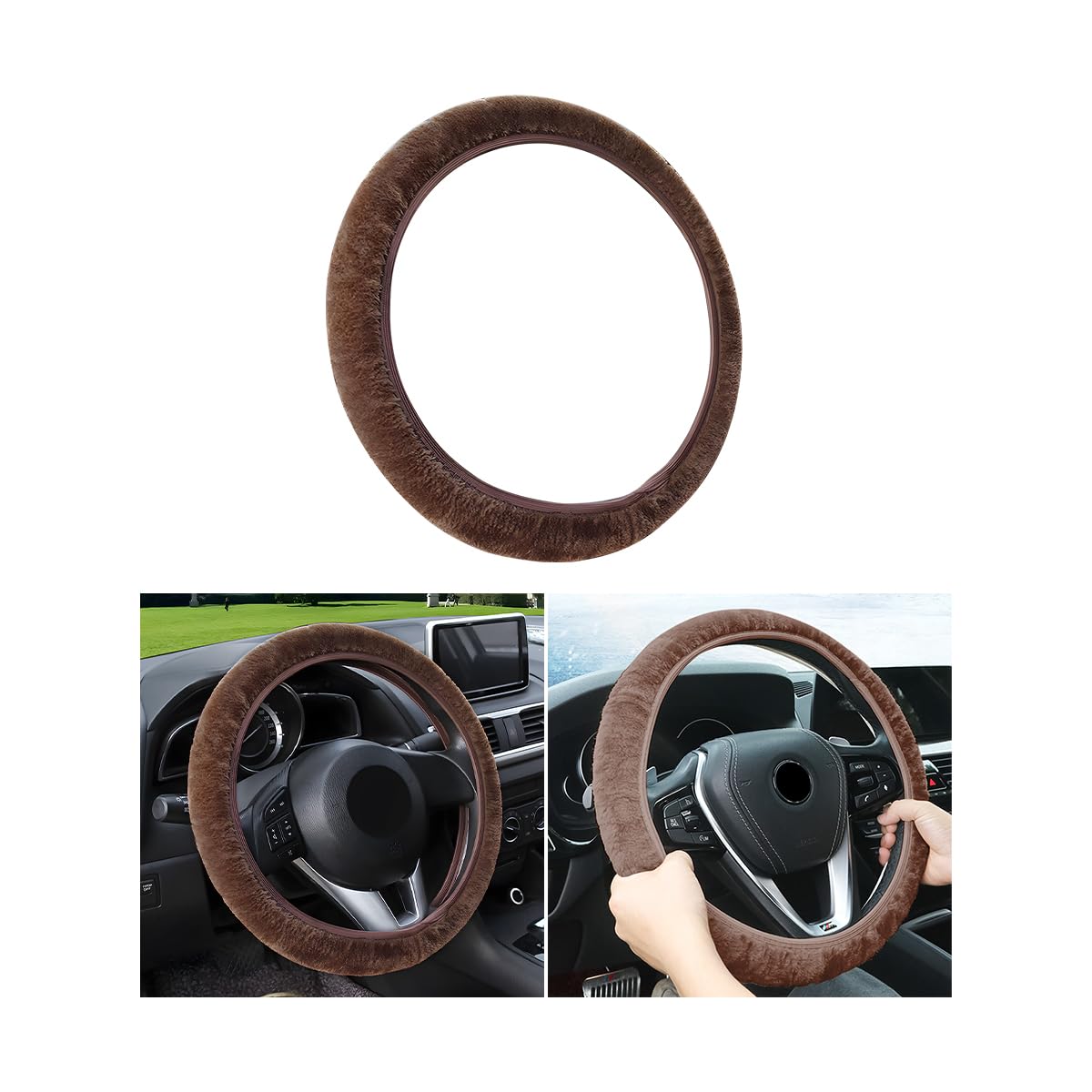 Car Fluffy Steering Wheel Cover, Elastic Soft Plush 15 Inch Steering Wheel Protector, Warm Furry Short Fleece and Non-Slip for Winter, Auto Interior Accessories Universal for Women Girl