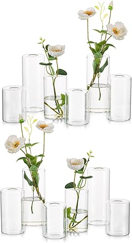 Hewory - Jarrones pequeños de cristal para centros de mesa, 12 jarrones transparentes soplados a granel, moderno juego de mini jarrones cilíndricos
