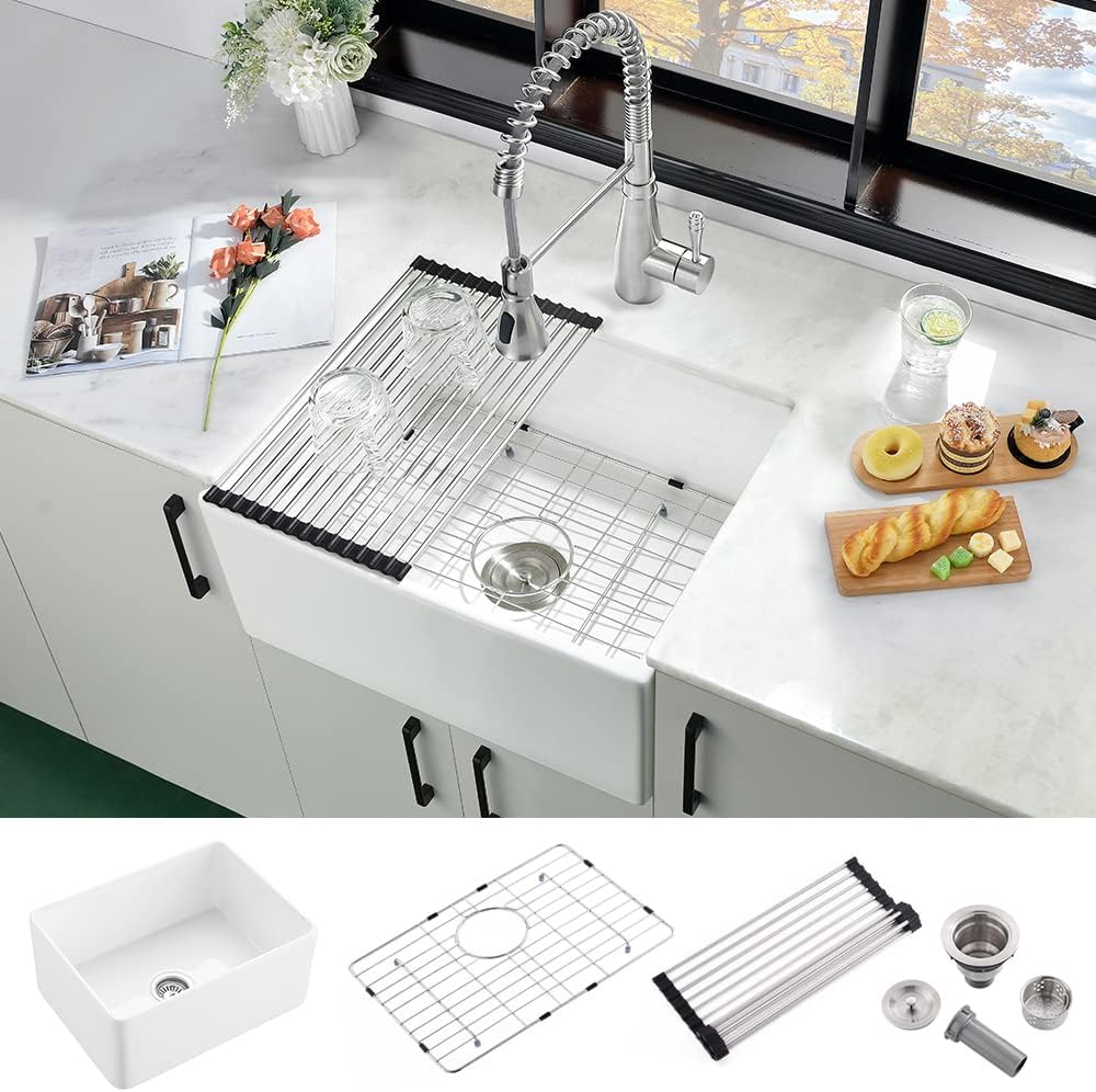 24 Inch White Fireclay Farmhouse Apron Front Sink iAnomla 24x18 Inch