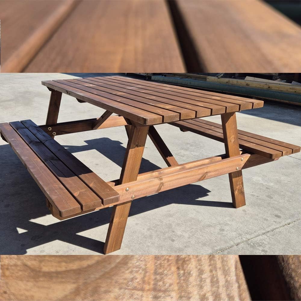 SUNWOOD Tavolo da Picnic in Legno con Panche Integrate 180 x 165 cm, 6 posti, in Pino Massello, Made in Italy