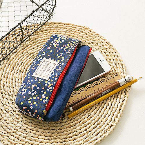 4 Pack Flower Floral Canvas Pen Pencil Cases Makeup Bags, Finegood Stationery Pouch Holders With Double Zippers For School Students Kids, With 2 Hang Ropes - Dark Blue, Light Blue, Pink, Cream #TOP1