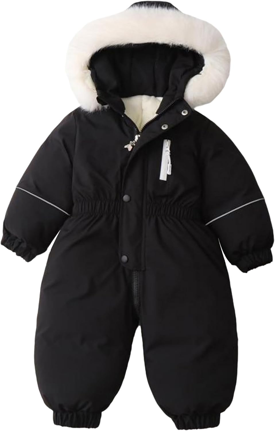 Kids Toddlers Ski Overalls Water Resistant Snowsuit Ski Suit Winter Hooded Jumpsuit Long Sleeve Zipper Romper Black 12-18 Months
