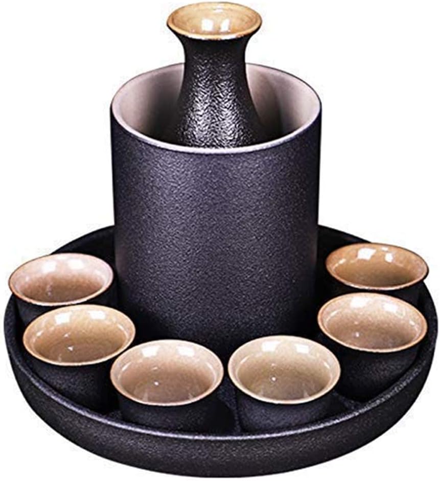 MIRUIKE Sake 9-Piece Set Japanese Sake Cup Set with Warmer Black Ceramic for Home