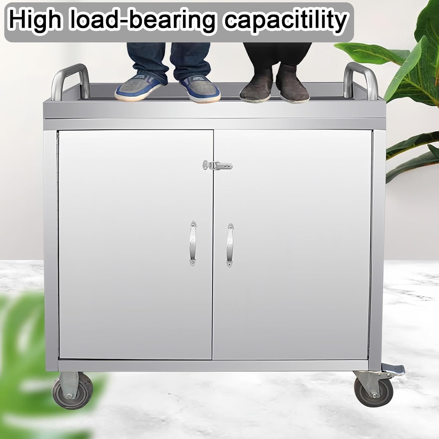 Stainless Steel Workbench with Wheels and Handrails H95cm Kitchen Work Table 3-Tier Design 1-Piece Welded Construction Magnetic Door Closer Reinforced Latches Commercial Cart