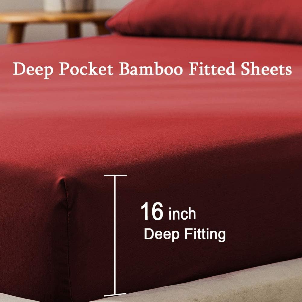 SONORO KATE Bed Sheet Set Bamboo Sheets Deep Pockets 16" Eco Friendly Wrinkle Free Sheets Hotel Bedding Machine Washable Silky Soft (Burgundy, Queen)