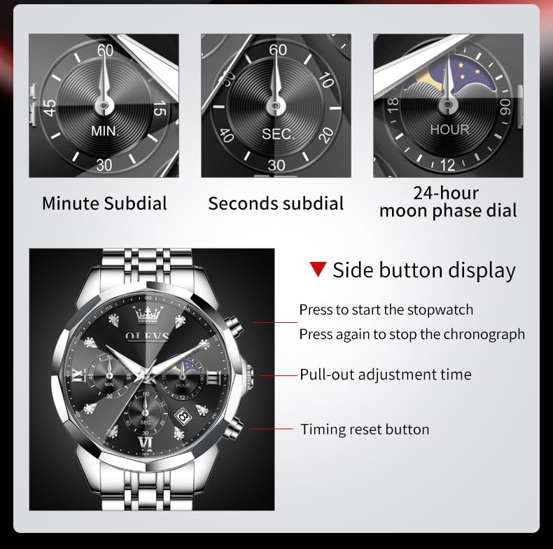 Image of OLEVS Watch for Men Luxury Gold Diamond Chronograph Business Wristwatch with Analog Quartz, Date Calendar, Stainless Steel Band, Luminous Hands, Waterproof