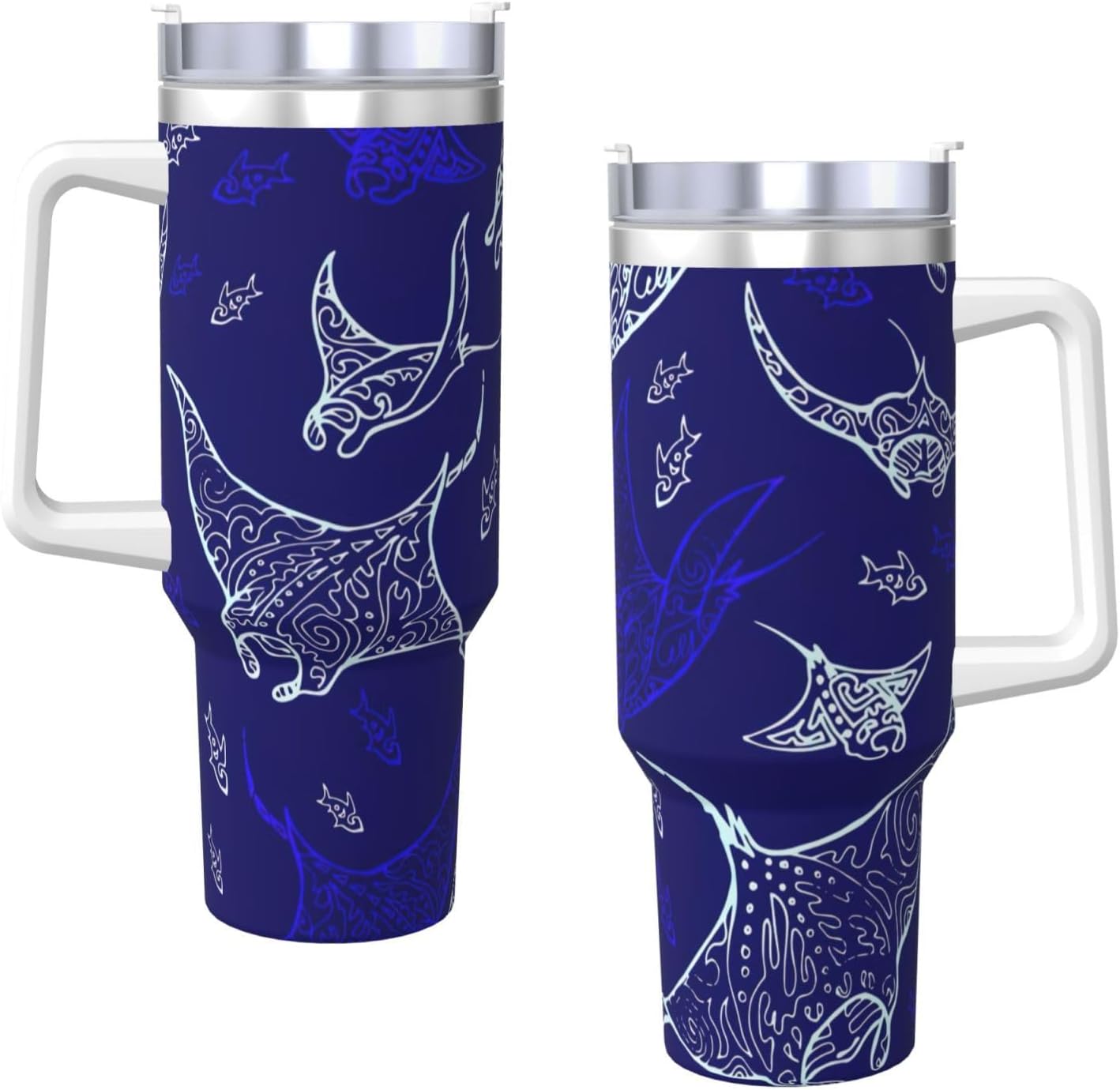 40 OZ Manta Ray and Fish Print Ice Bully Cup with Handle Straw Lid Straw,Stainless Steel Tumbler Coffee Cup