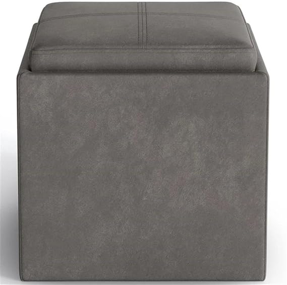 SIMPLIHOME Rockwood Cube Storage Ottoman with Tray - 17 Wide x 17 High Upholstered Vegan Leather Square Storage Ottoman in Distressed Slate Grey, Contemporary Cube Ottoman with Serving Tray