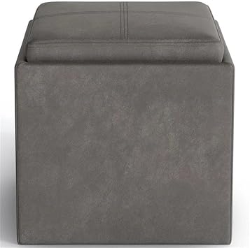 SIMPLIHOME Rockwood Cube Storage Ottoman with Tray - 17 Wide x 17 High Upholstered Vegan Leather Square Storage Ottoman in Distressed Slate Grey, Contemporary Cube Ottoman with Serving Tray