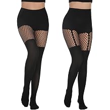 Yilanmy Women's Mock Thigh High Suspender Tights Fishnet Stockings Fishnets Black Opaque Stocking Pantyhose 2 Pairs