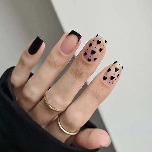 24 uñas postizas cortas cuadradas para el día de San Valentín, uñas postizas francesas con diseños de corazón negro, uñas acrílicas, cobertura