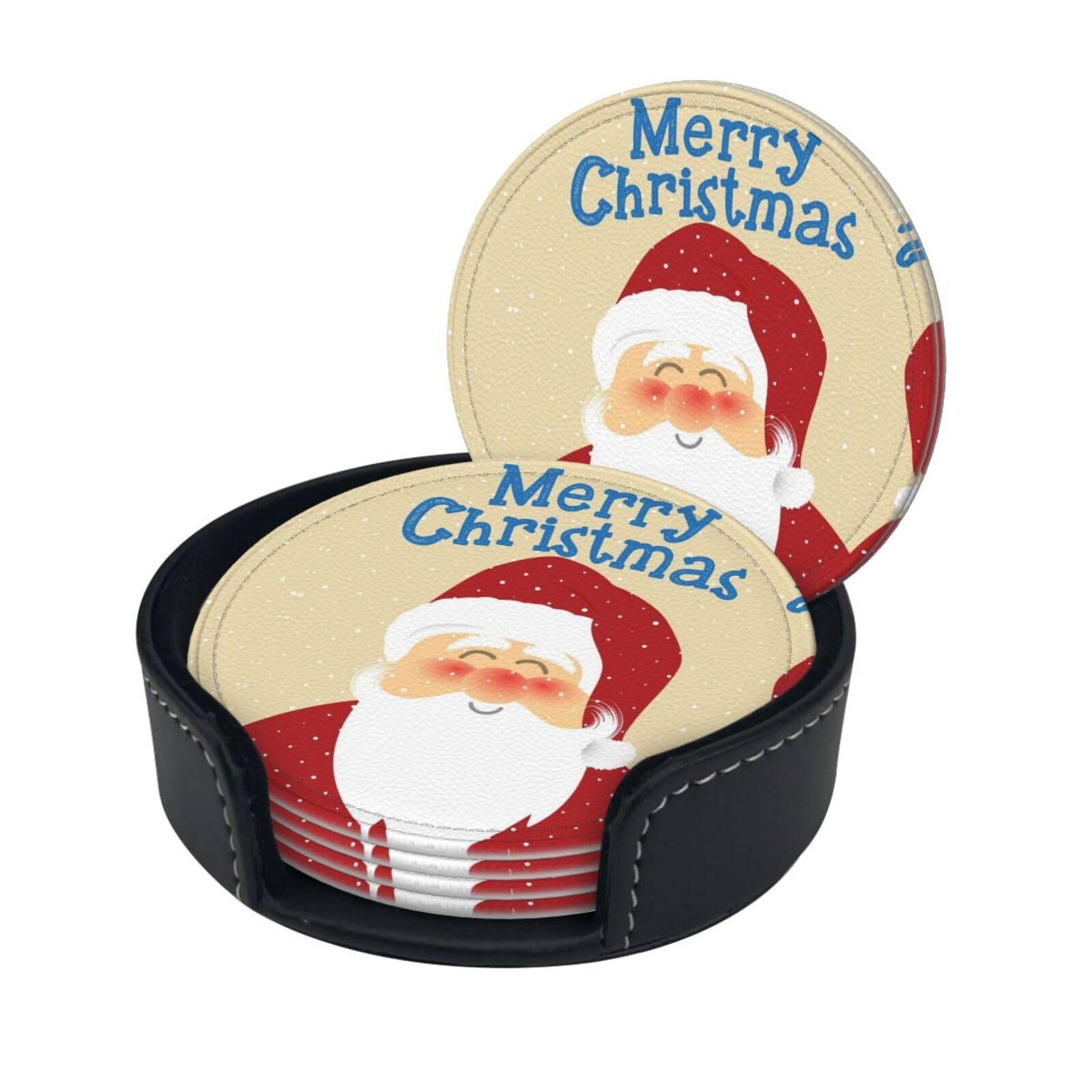 Lklddpzb White Xmas Print Round Leather Coasters - Set Of 6, Ultra-Fiber Pu Leather