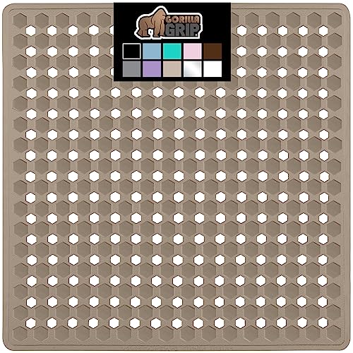 Gorilla Grip Patented Shower and Bathtub Mat, 21x21, Small Square Shower Stall Floor Mats with Suction Cups and Drainage Holes, Machine Washable and Soft on Feet, Bathroom Accessories, Beige Opaque