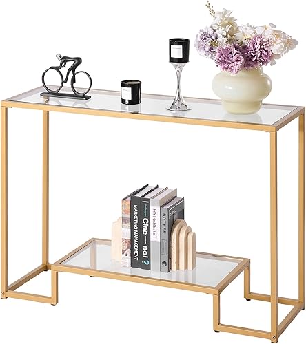 VEVOR Mesa consola de cristal, mesa de entrada de 42 pulgadas, mesa de sofá rectangular moderna con parte superior de vidrio templado y patas de