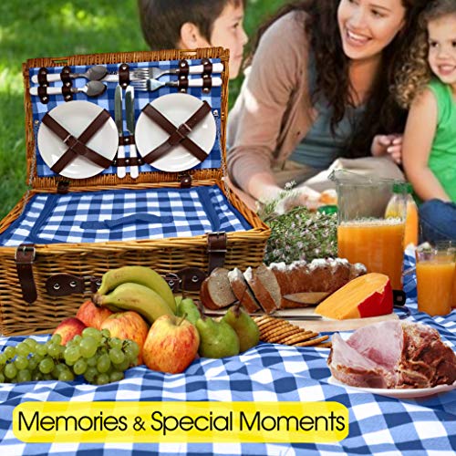 Nature Gear Upgraded 4 Person XL Picnic Basket Wicker (4 Person, Blue & White)