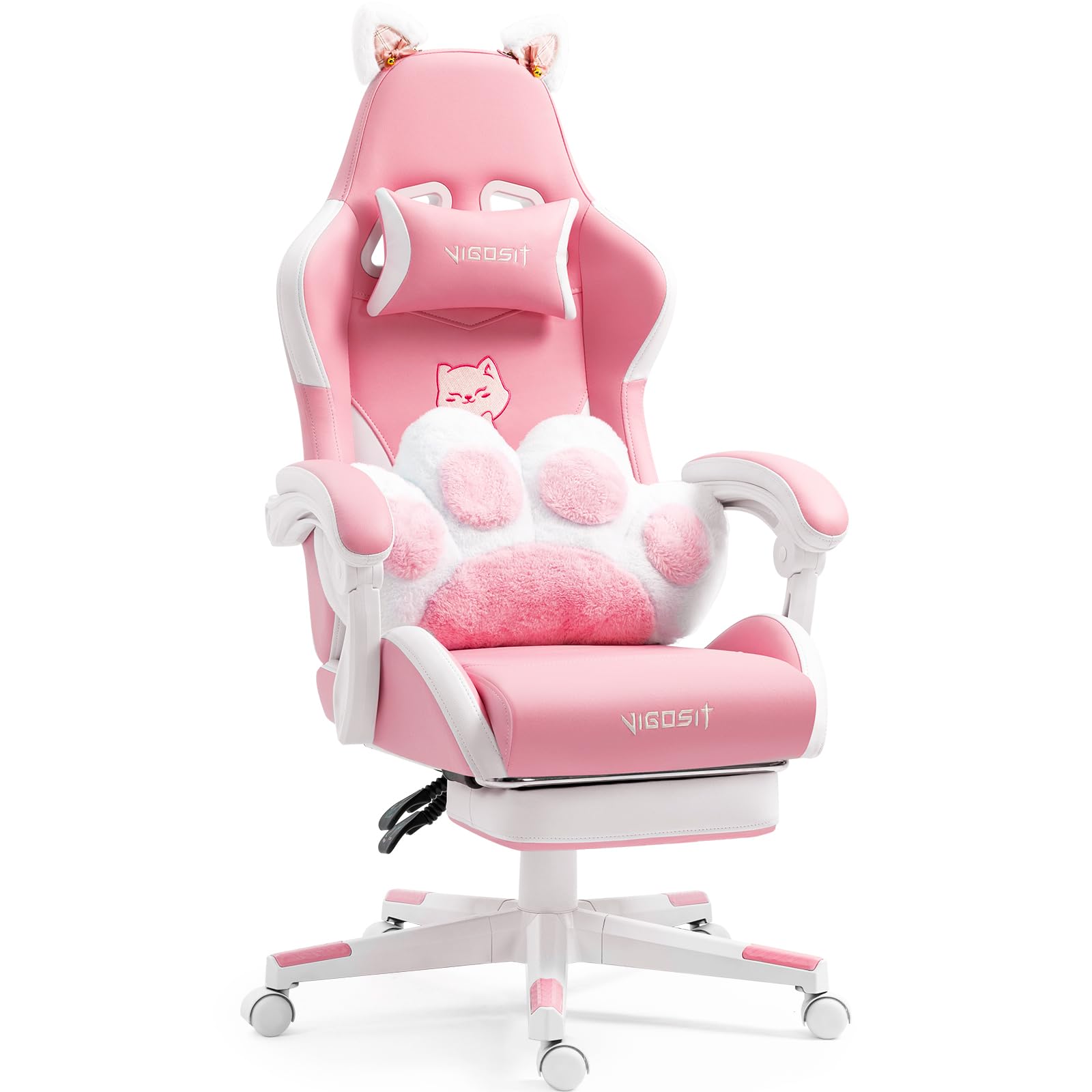 Cute Cat Ears Gaming Chair with Paw Lumbar Cushion, High Back Computer Chair with Footrest, 360° Swivel Height Adjustable Recliner Game Chair for Girls, 300lbs (Pink)