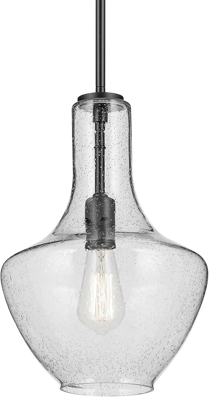 Everly 15.25" 1-Light Bell Pendant with Clear Seeded Glass in Black, for a Kitchen Island, Dining Nook, or Home Bar, (15.25" x 10.5") 42141BKCS