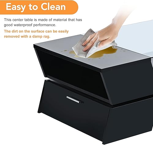 Miniatura 4 de Mesa de centro de cristal negro, mesa de centro de dos niveles con estante de almacenamiento abierto de madera y 2 gabinetes, mesa central moderna